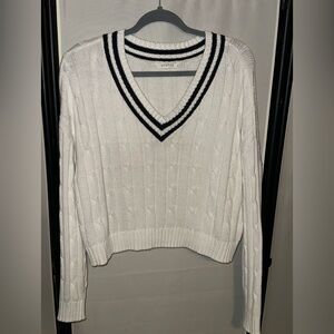 White and black cropped medium v neck cable knit sweater
